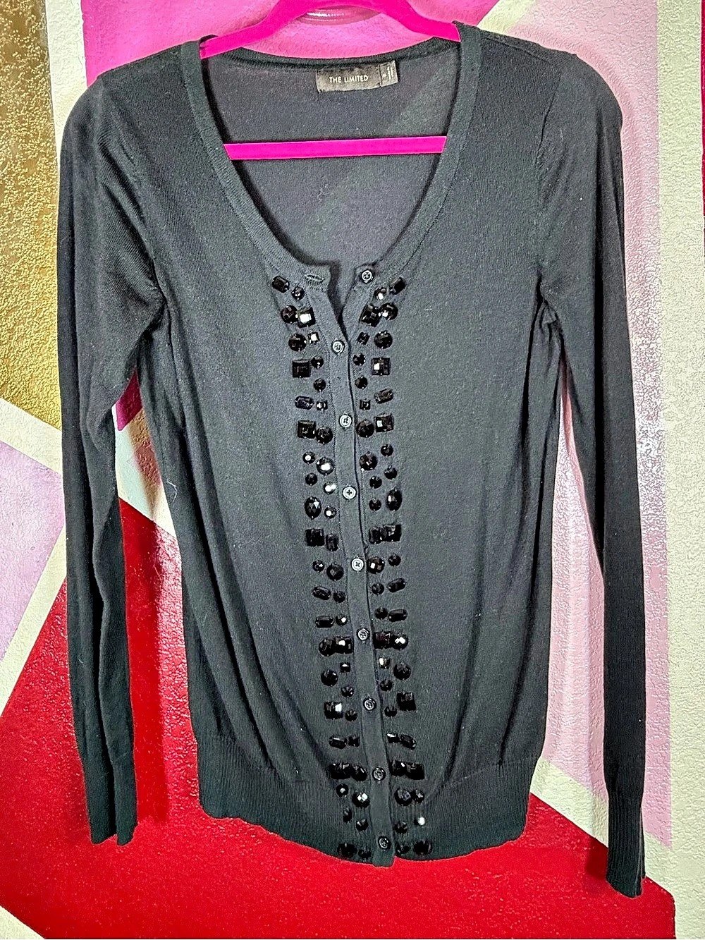 The Limited Black Jeweled Embellished Cardigan Scoop Neck Button Front M